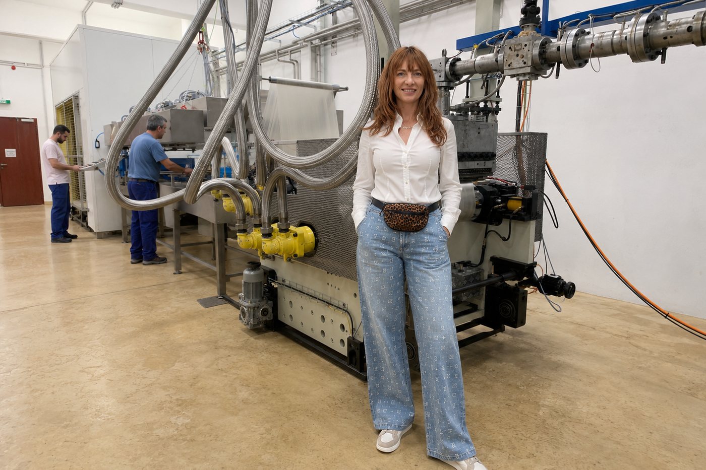 Magdalena Laabs devant une ligne d'extrusion